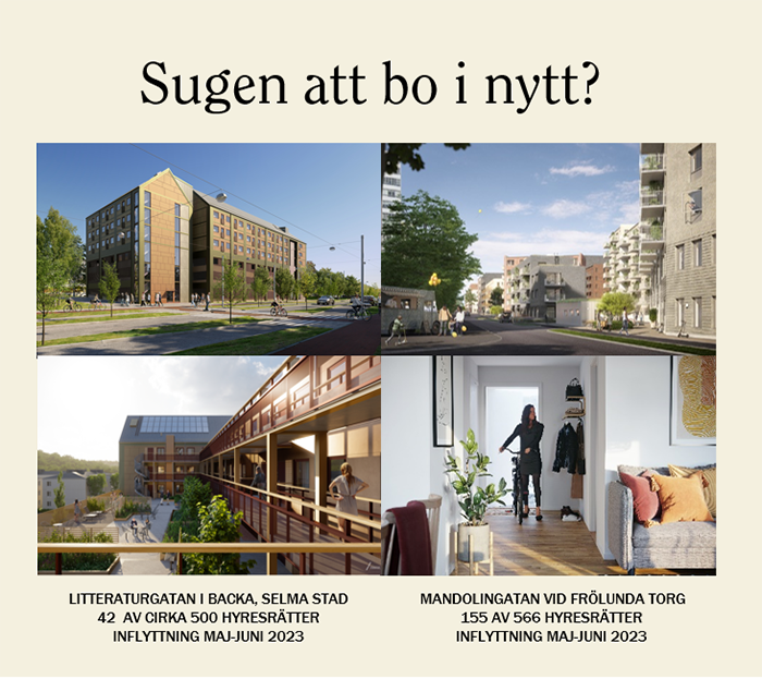 Sugen att bo i nytt? LITTERATURGATAN I BACKA, SELMA STAD. 42 AV CIRKA 500 HYRESRÄTTER, INFLYTTNING MAJ-JUNI 2023 MANDOLINGATAN VID FRÖLUNDA TORG. 155 AV 566 HYRESRÄTTER. INFLYTTNING MAJ-JUNI 2023