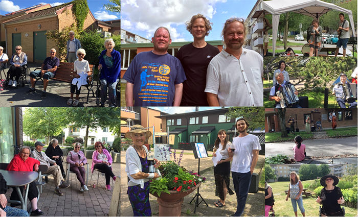 Kollage med bilder av äldre hyresgäster och artister i sommarsol, en av dem under ett tält i regn